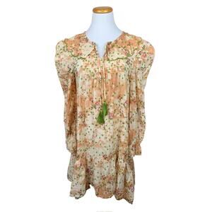 Nu Vintage Boho Dress Cotton Cream Peach Embroidered Floral Ruffle Women's M